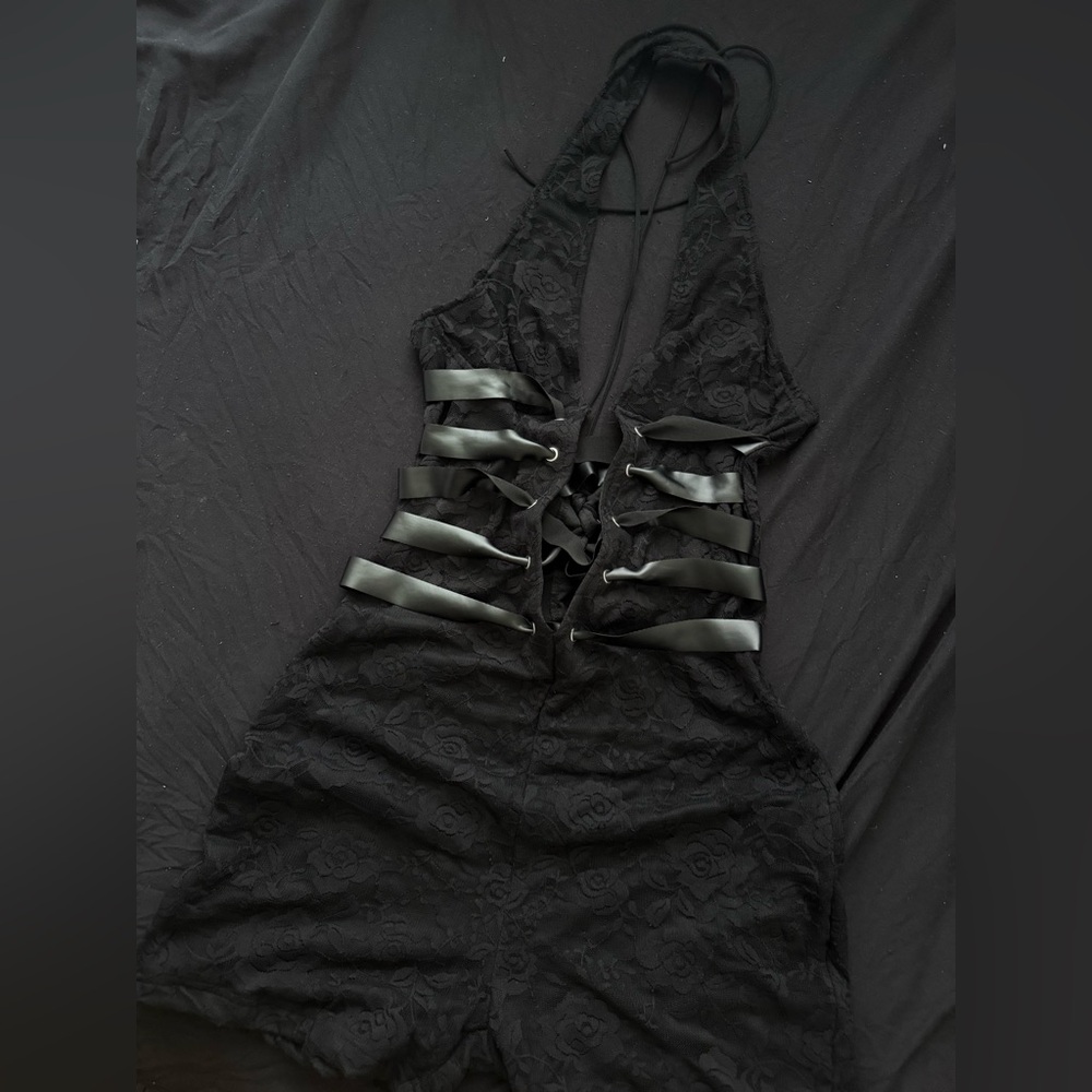 Black Lace Halter Dress with Satin Straps